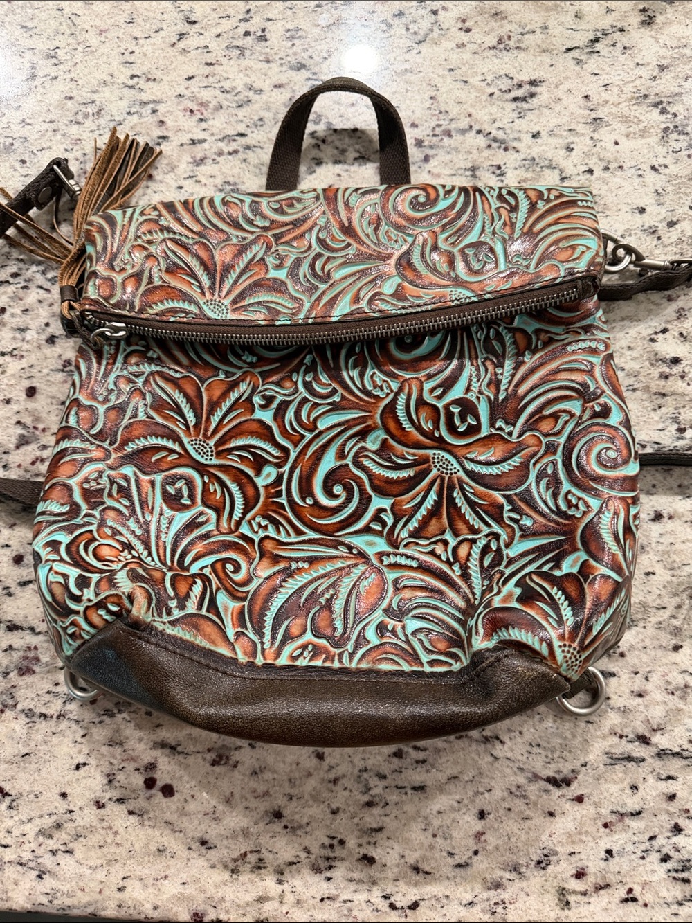 Patricia Nash Turquoise and Brown Tooled Leather Backpack/Crossbody Bag